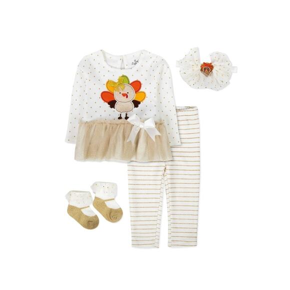 Baby Essentials Thanksgiving Fall Outfit Top Skirt Leggings 4 Piece Set Size 3 M - Picture 1 of 6